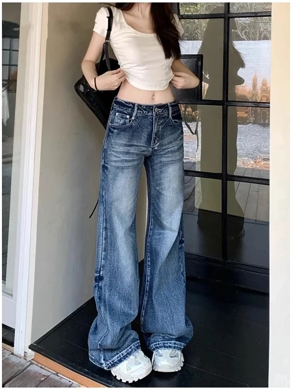 

Retro American High Waist Wide Leg Micro Flared Denim Jeans Women's Straight Cut Floor Length Pants Autumn New Sle