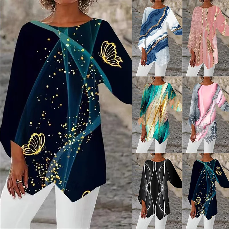 

Spring And Summer Geometric Printing Long-Sleeved Patchwork Round-Neck Women's Shirt Fashion Casual Versatile Female & Lady Top