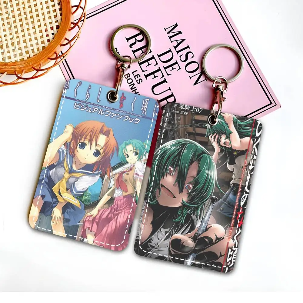 H-Higurashi When T-They Cry PU Leather Card Holder Keychain Key Ring Door Lock Access Tags ID Card Case Keychain Card