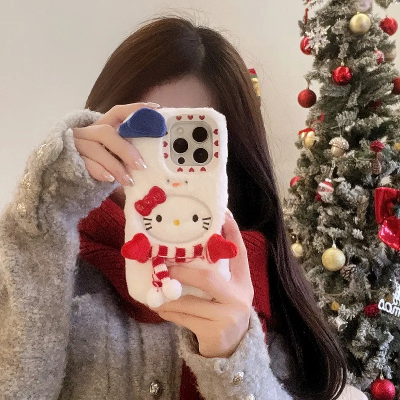 

Korean 3D Hello Kitty Phone Case For iPhone 16 15 14 13 12 11 Pro Max Cute Warm Fur Fluffy Cover For Winter Christmas Gifts