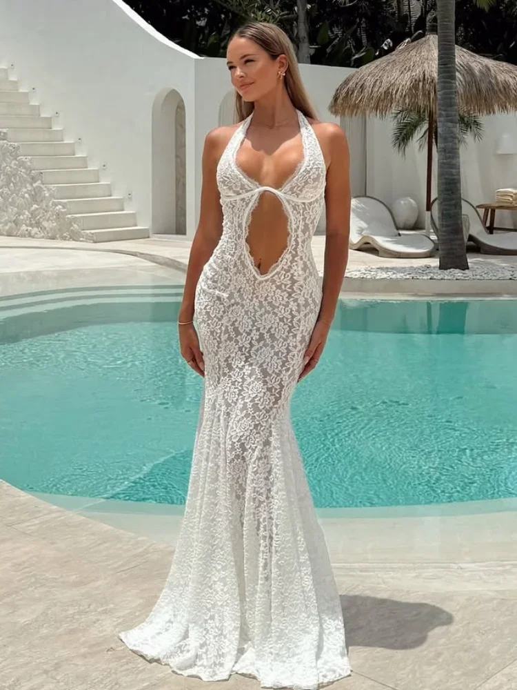 Kobiety Eleganckie Białe Przezroczyste Bodycon Vestdios Sexy Hollow Out Lace Splicing Slim Halter Maxi Dress 2025 Party Evening Gowns