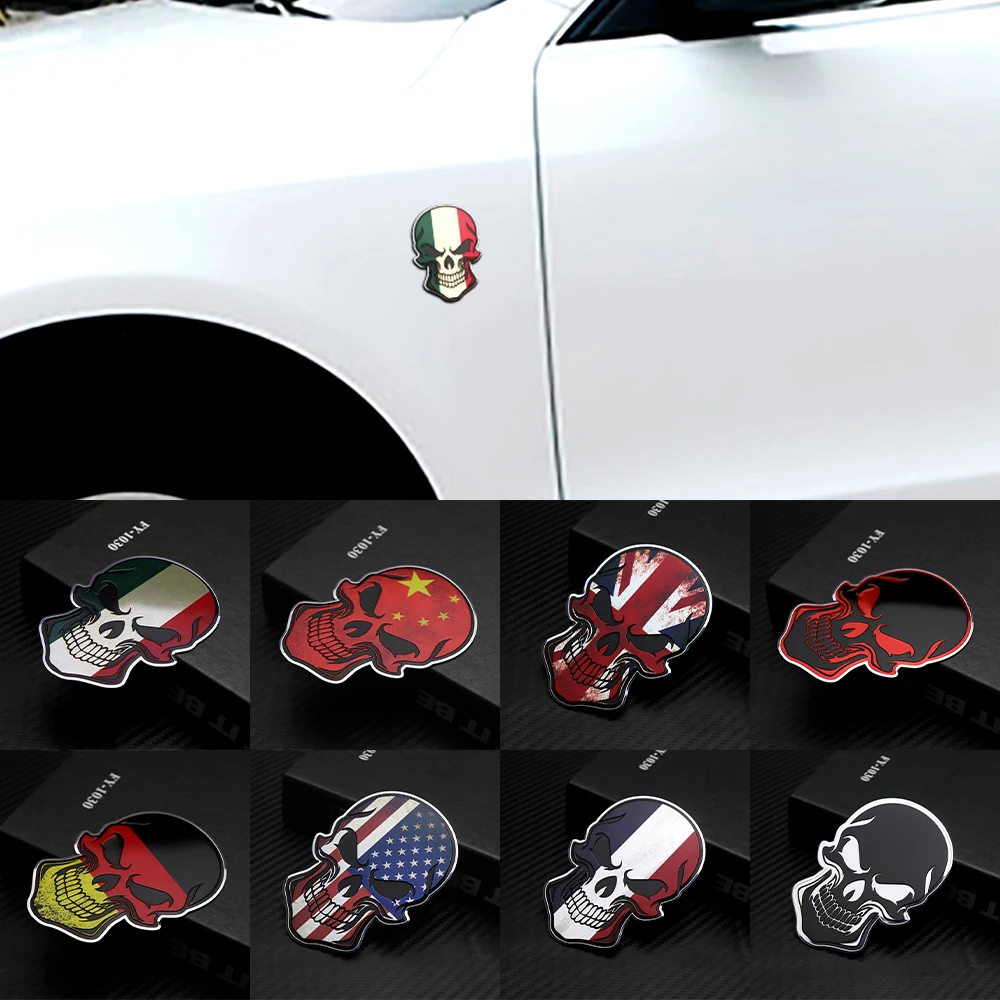 Aluminum For UK Germany USA Italy China France Emblem Decal Car Body Trunk Side Fender National Flag Skull Badge Sticker Decor