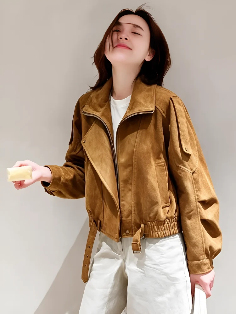 Retro Biker Short Jacket Women's Zipper Collar Cool Autumn 2026 New Small Size Trendy Polyester Fiber Long Sleeve Coat