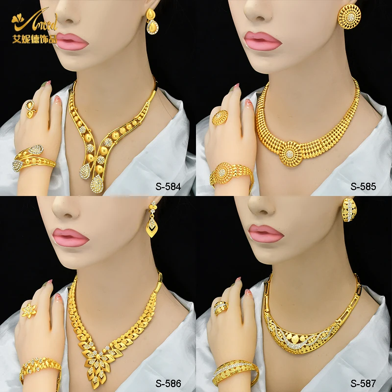 4sets Indian Jewelry Set Gold Color Bridal Wedding Ethiopia Dubai Nigerian African Necklace Earrings Bracelet Ring Jewellery Set