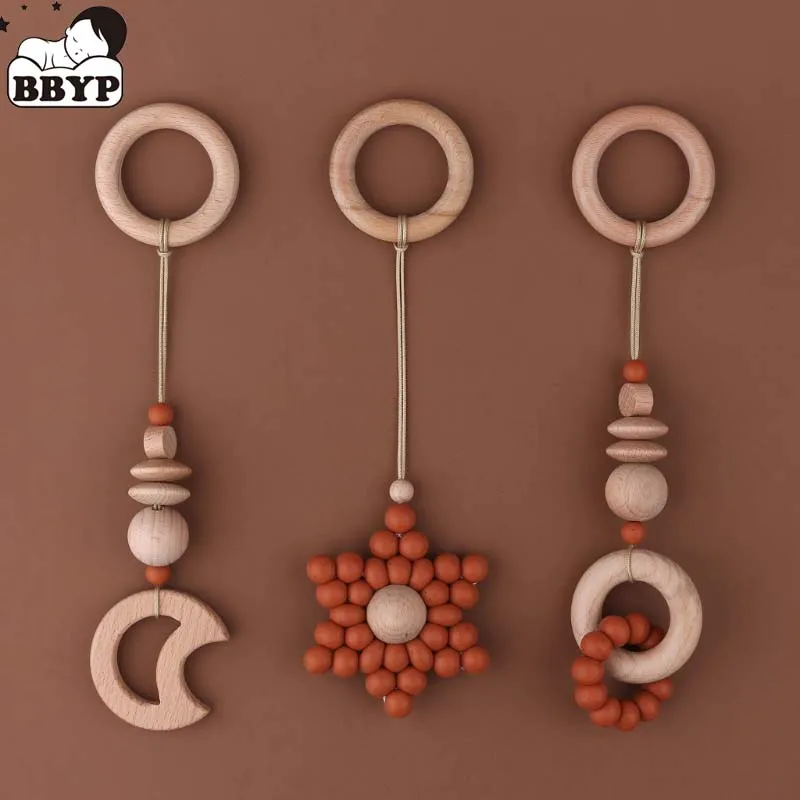 3Pcs Baby Gym Frame Pendant Wooden Ring Silicone Beads Teething Nursing Gifts Fashionable Food Grade Newborn Chewing Molar Toys