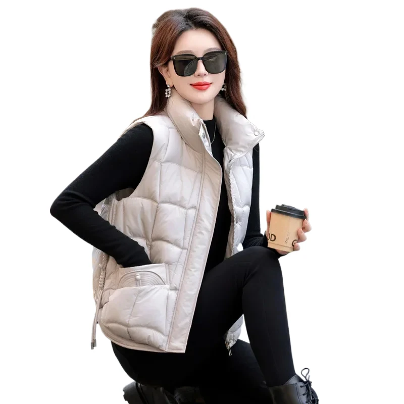 

2025 Autumn Winter New Style Women's Short Down Cotton Jacket Vest Loose Fit Drawstring Waist Slimming Versatile Outerwear Coat