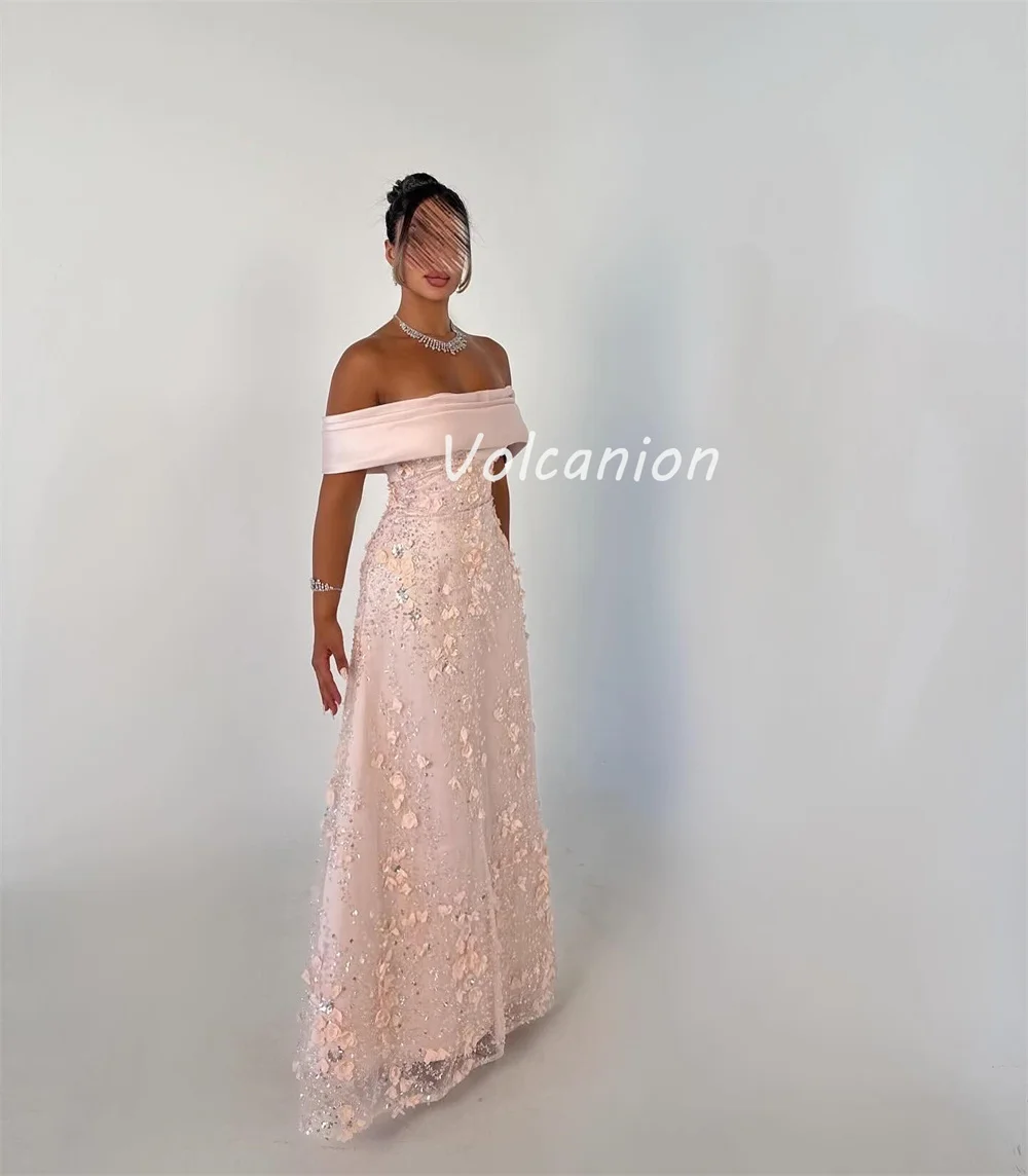 Customized High Quality Fashion Tulle Sequined Flower Pleat A-line Off-the-shoulder Long Dresses Bespoke Occasion Dresses Retro