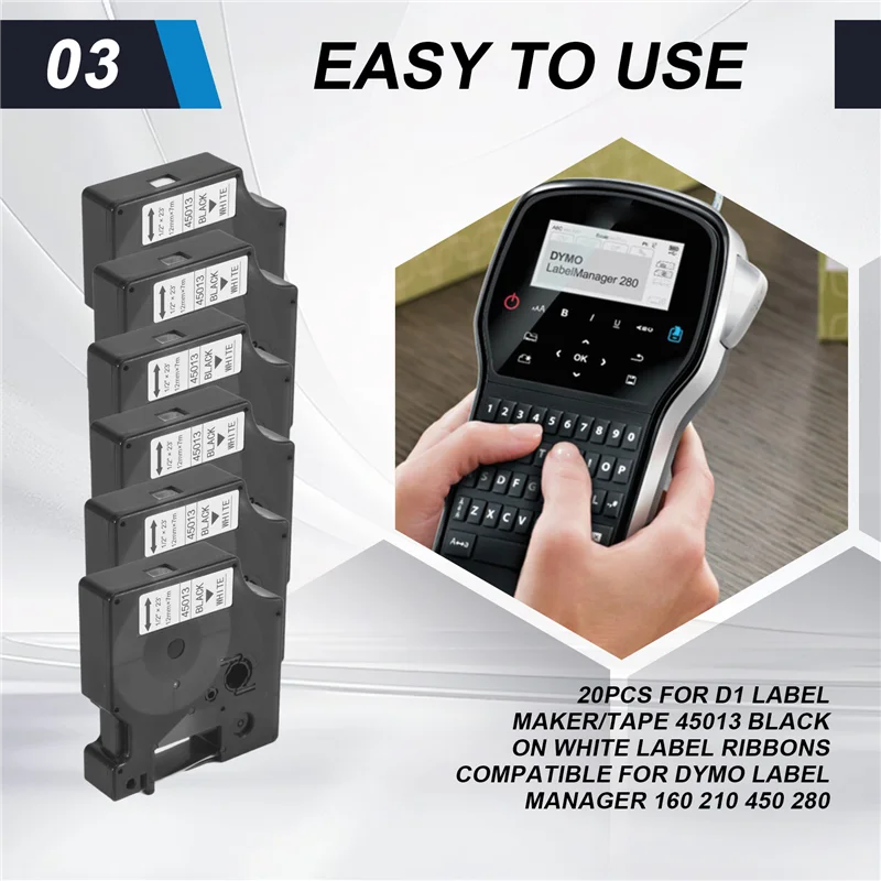 20Pcs For Dymo D1 Label Maker/Tape 45013 Black On White Label Ribbons Compatible For Dymo Label Manager 160 210 450 280-T44C