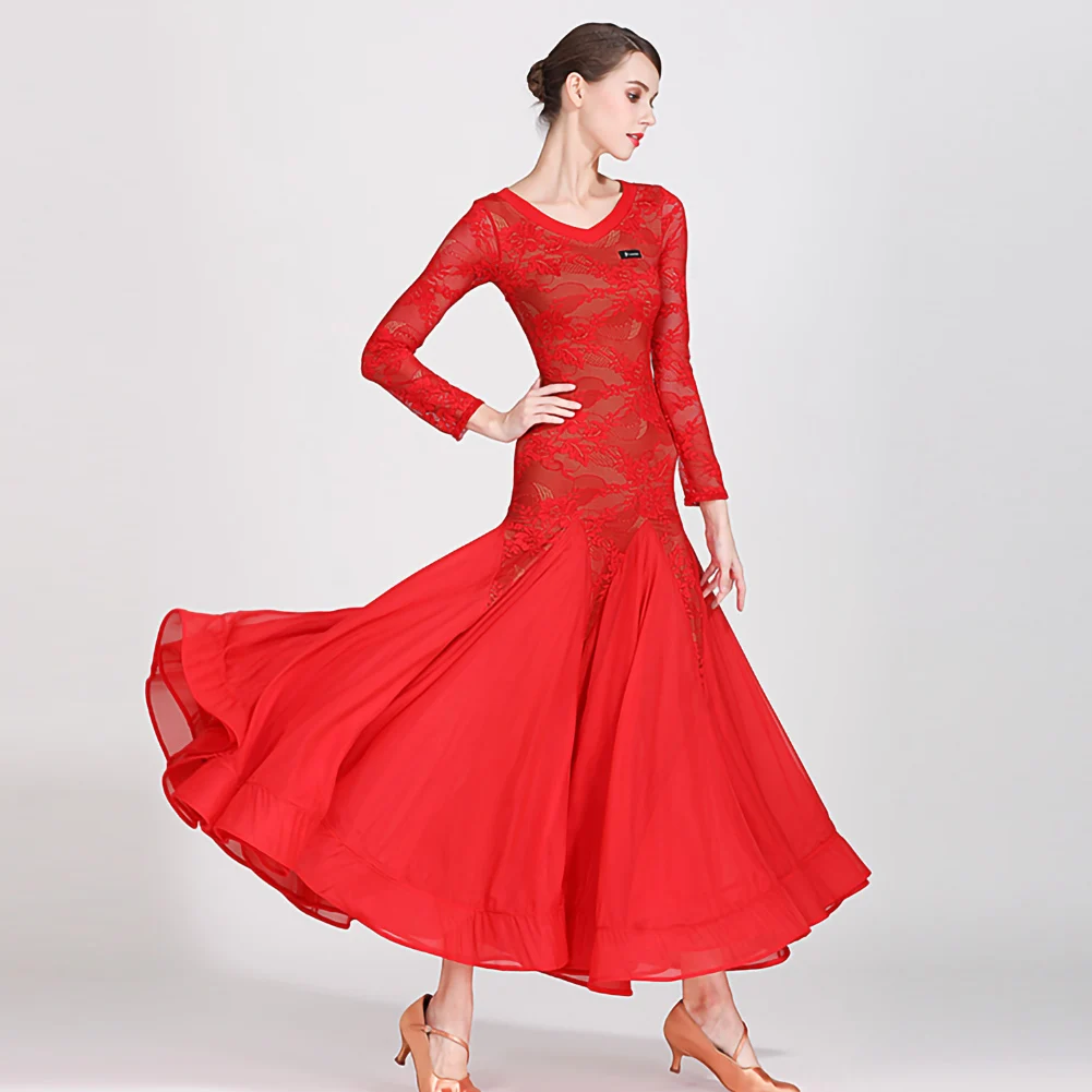 فستان رقص بمنظور أداء دانتيل أحمر نسائي بأكمام طويلة فستان رقص قاعة الرقص قياسي برقبة على شكل حرف V باللون الأسود