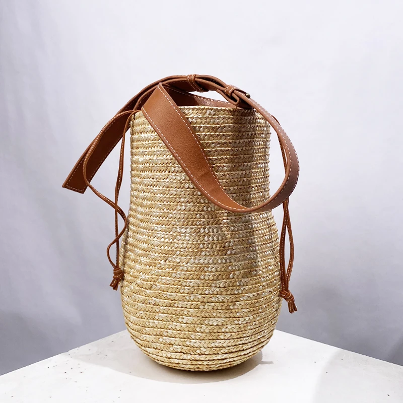 Bohemian Straw Bucket Bags For Women Luxury Designer Handbag Purse 2024 New In Papyrus Woven Gourd Shape Underarm Beach Shoulder