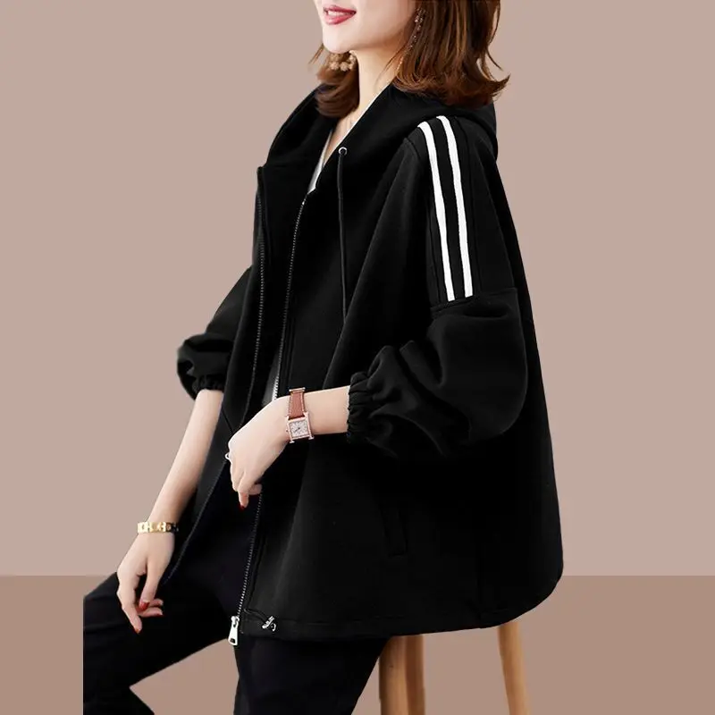 2023 Autumn Winter New Solid Color Hooded Long Sleeve Sweatshirts Cardigan Women Casual Loose Drawstring Pocket All-match Coat