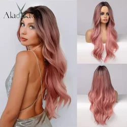 ALAN EATON Long Wavy Synthetic Wigs Ombre Black Pink Wigs for Women Cosplay Natural Middle Part Hair Wig High Temperature Fiber