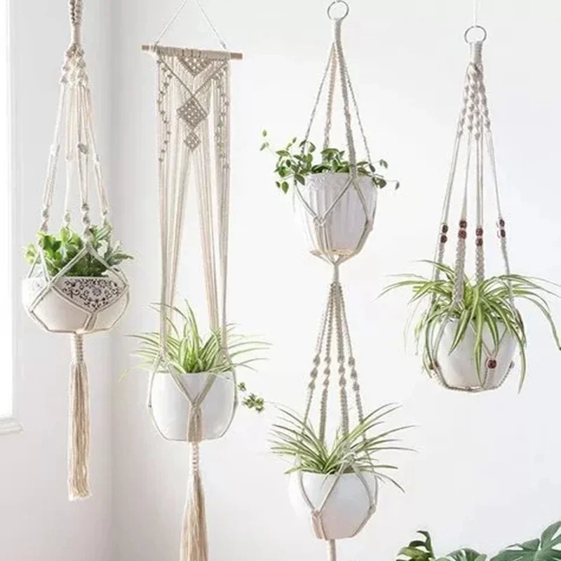 Gardening Green Plant Hanging Basket Cotton Rope Hanger Flower Pot  Handmade Macrame Pot Pocket Wall  Courtyard   Decor Groot