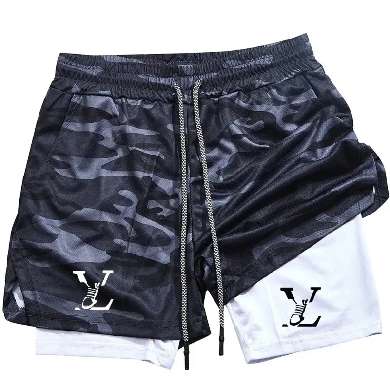

New Print Double Layer Shorts Men'S Summer Gym Fitness Running Training Breathable 2 In 1 Sports Casual