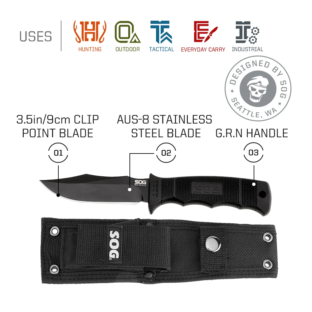 SOG Seal PUP 엘리트 나이프 컴팩트 고정 블레이드, 캠핑, 부시크래프트, 자기 방어 및 낚시를 위한 전문 EDC 야외 핸드 툴