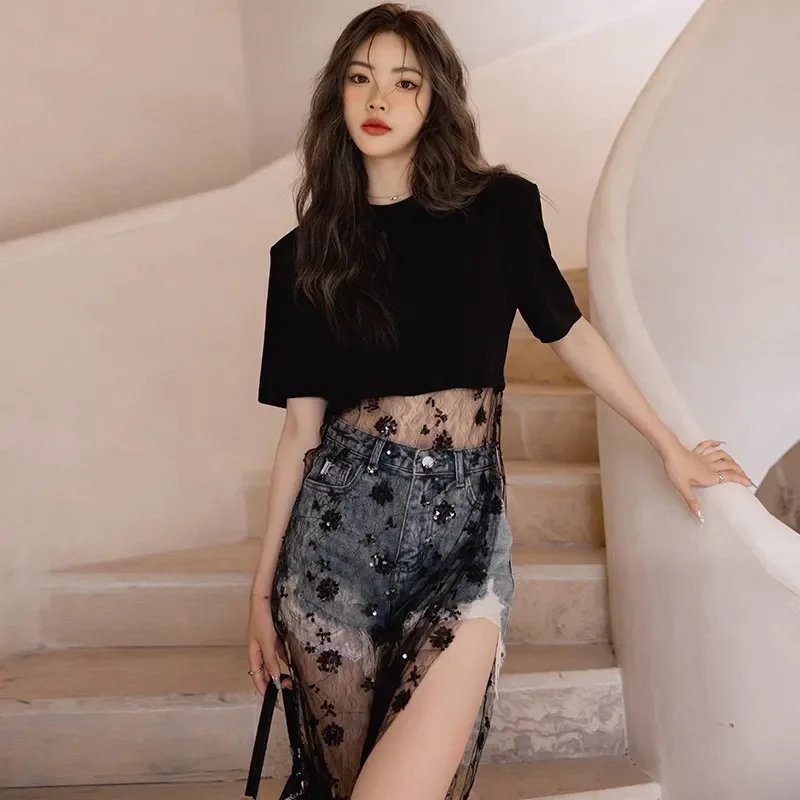 Verão 2025 nova moda vestido feminino paillette gaze bordado unido juntos preto gola redonda camiseta outerwear feminino