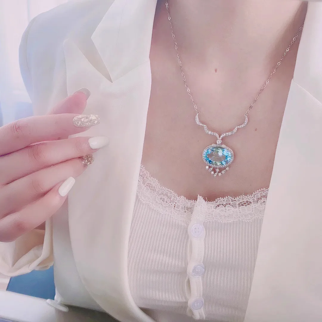 925 Silver Luxury Sea Blue Color Zircon Jewelry Long Tassel Water Drop Pendant Necklace Bridal Wedding Party Jewelry for Women