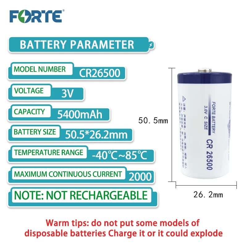 FORTE CR26500 3.0V lithium battery used for industrial control servo wireless positioning water meter, turbine vortex flowmeter