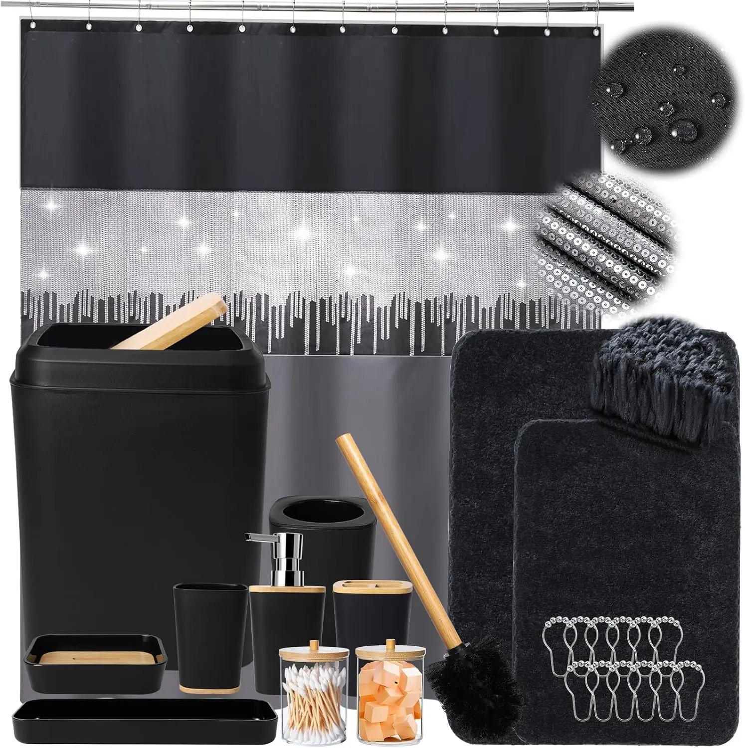 

24PCS Black Bathroom Set with Shower Curtain, Rugs, and Trash Can - Complete Accessories for Your Bathroom