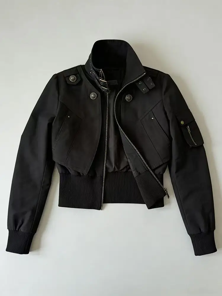 

Y2K American Short Black Jacket Women Harajuku Retro Stand Collar Jacket Spring And Autumn Streetwear Long Sleeve Zipper Jacket