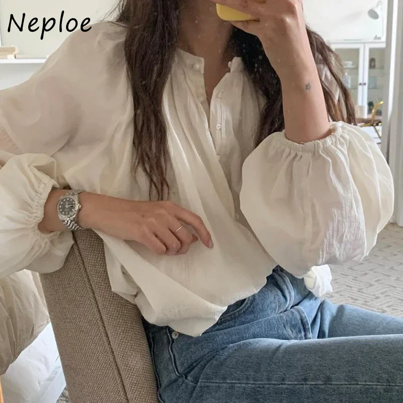 Neploe French Retro Single-breasted Blouse Shirt Woman Lantern Sleeve Design Casual Women Tops Loose Versatile Solid Color Top