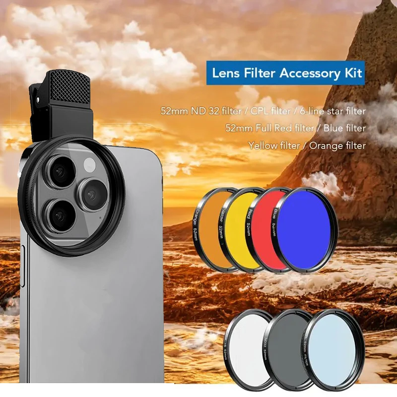 Kit de lentes de filtro 7 en 1, filtro UV totalmente azul y rojo de 52 mm/2,05 pulgadas + filtro CPL ND + Star adecuado para teléfonos móviles, cámaras, videos, Vlo