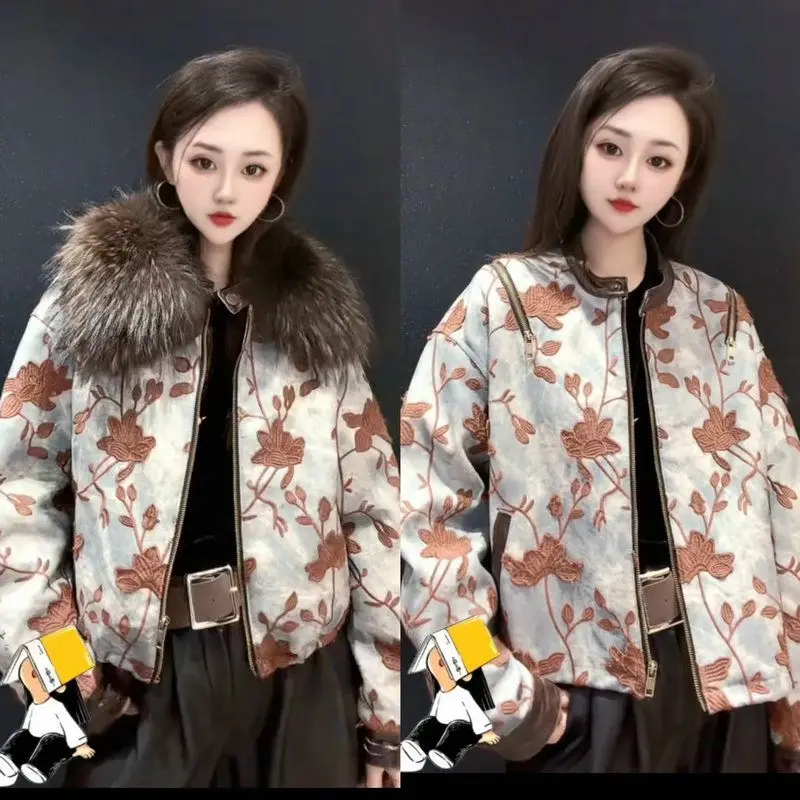 เสื้อโค้ทกันหนาวผู้หญิง แขนยาว ลายดอกไม้ คลาสสิก ซิปหน้า แต่งขนเฟอร์หรูหราถอดได้ หรือหนังแท้