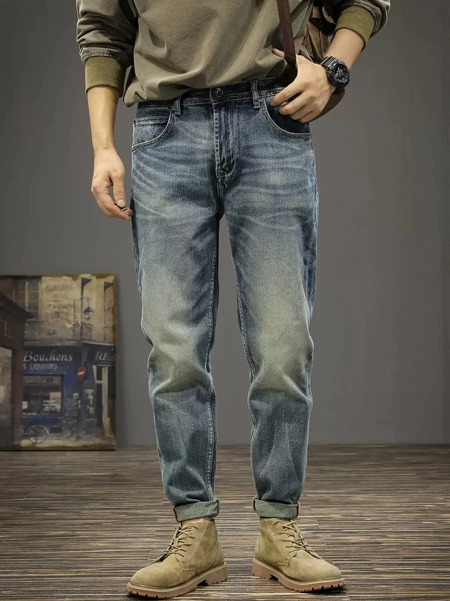 Newly Vintage Fashion Men Jeans High Quality Retro Blue Elastic Slim Fit Ripped Jeans Men Trousers Casual Designer Pants Hombre