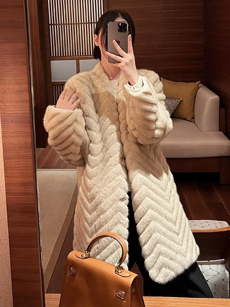 ZADORIN Luxury V-neck Long Faux Mink Fur Coat Women Winter Herringbone Fluffy Faux Fur Jacket Plush Outerwear Elegant Overcoat