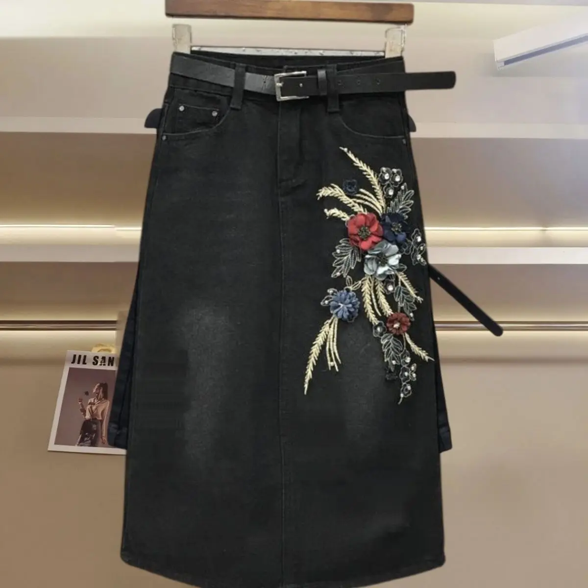 

Джинсовая юбка миди с высокой талией, разрезом и рваным краем для женщин, универсальная, модная, А-силуэт, для повседневной носки, осень 2024