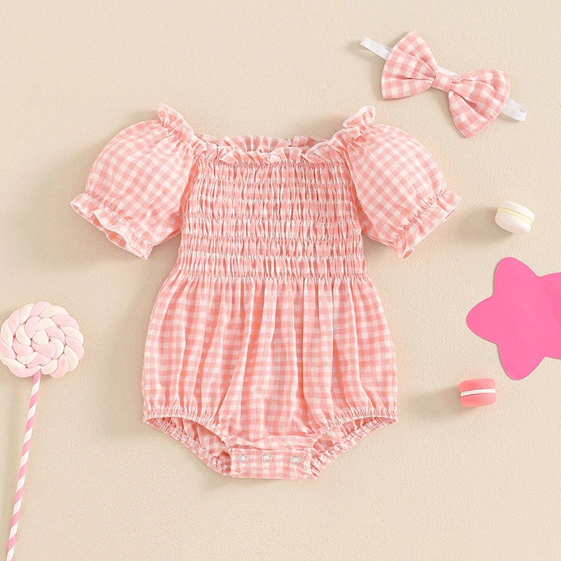 

Suefunskry Baby Girls Summer Casual Romper Short Sleeve Off Shoulder Plaid Romper with Headband