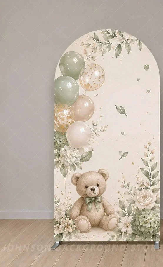 Teddy Bear Baby Shower flower leaf balloon Arch Backdrop Cover Neutral Green Balloon Baby Background  Gender Neutral Celebration