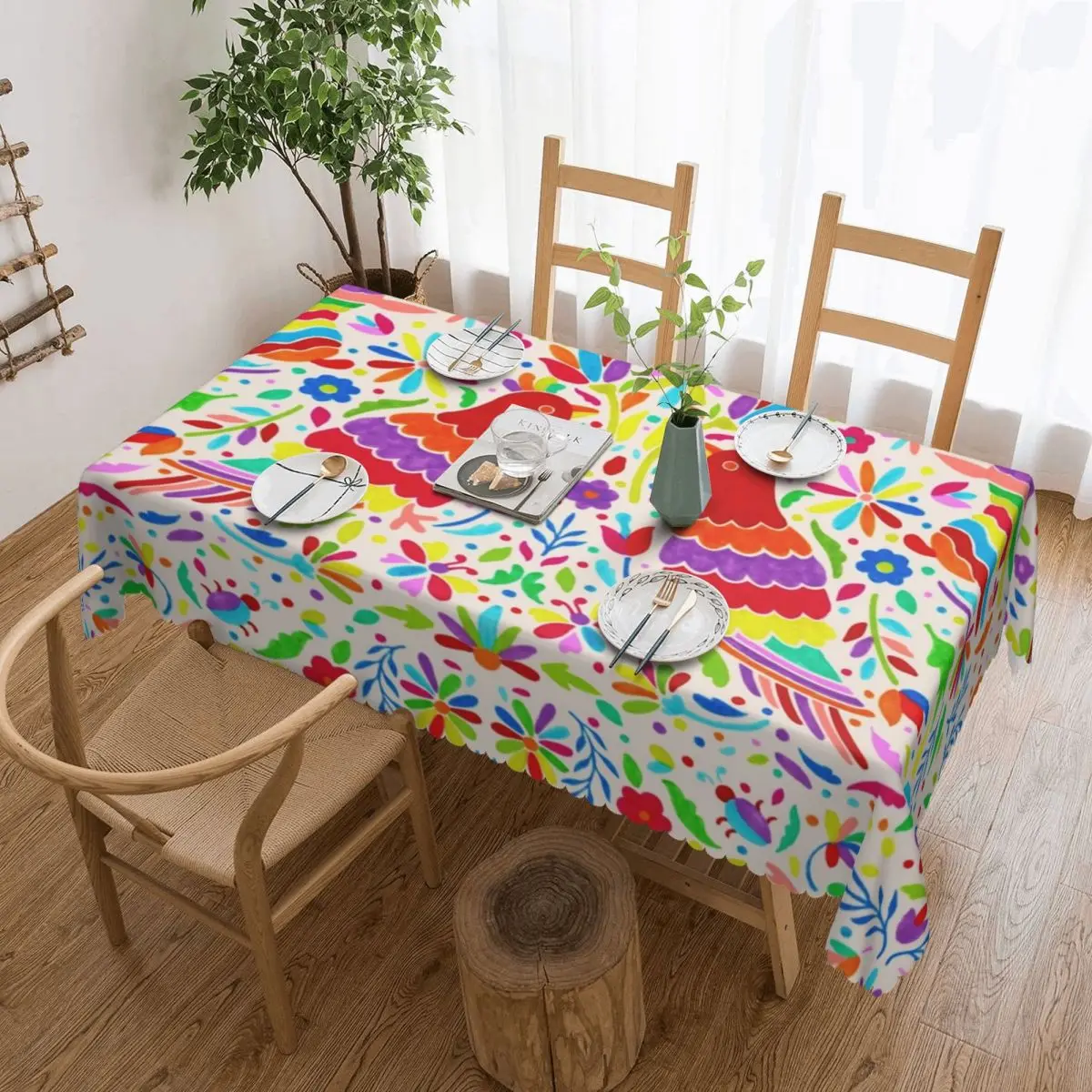 Custom Rectangular Mexican Otomi Birds Tablecloth Fit 40