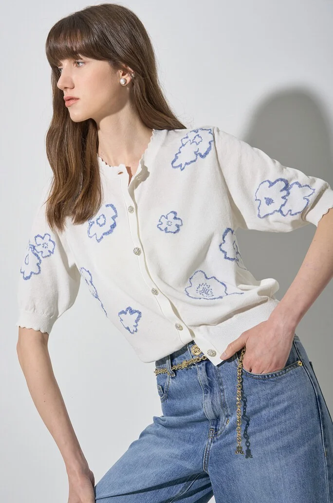 

Корейский Sle круглый Ne Flower Pattern ort Sve Вязаный открытый кардиган для похудения Faion Весна Лето Легкий вес Универсальный...