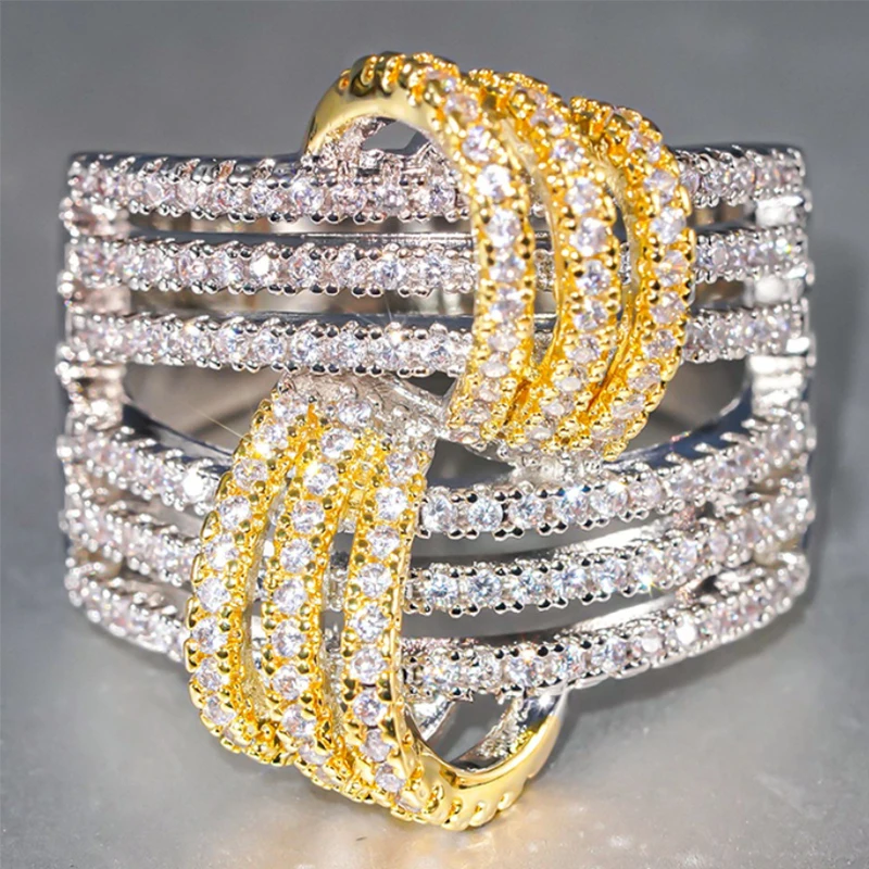 Huitan 여성용 화려한 레이어드 크로스 와이드 링, 약혼 결혼식용 럭셔리 화려한 주얼리, 반짝이는 큐빅 액세서리