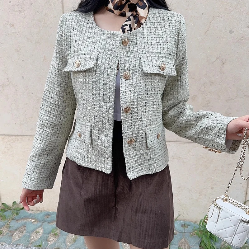 

Темпераментный маленький ароматизированный металлический Топ 2024, осенние корейские шикарные куртки, однобортное свободное шерстяное пальто с несколькими карманами и длинным рукавом