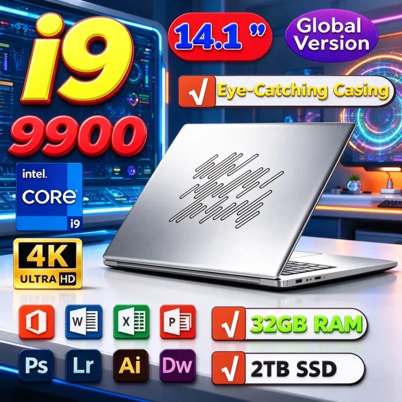 Intel Core I9 9900 14.1 Inch Laptop 5.3GHz 32GB 2TB NVMe SSD Windows 11 Compact Tuned Gaming Notebook Gamer PC