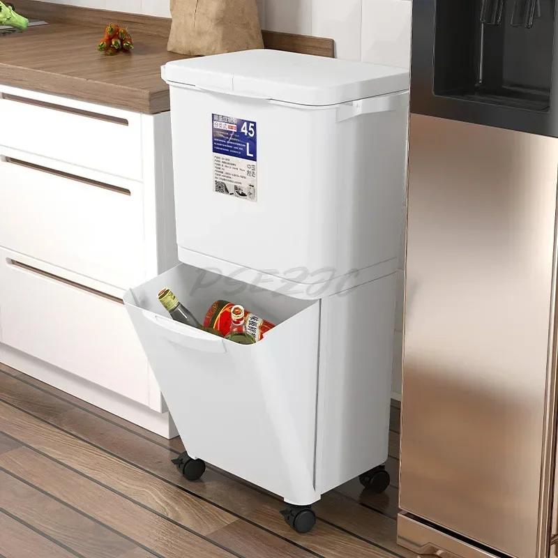 Kitchen Mobile Garbage Bin with Large Capacity Dry Wet Separation Double-layer Classification Large Household Use