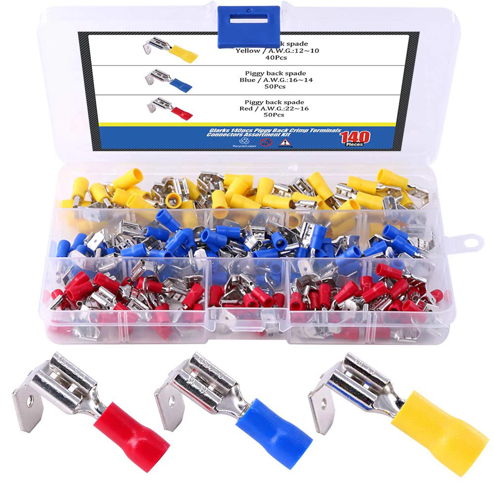 

140pcs 22-16/16-14/12-10 Gauge Semi-Insulated Piggy Back Spade Quick Splice Crimp Terminals Connectors Assortment Kit