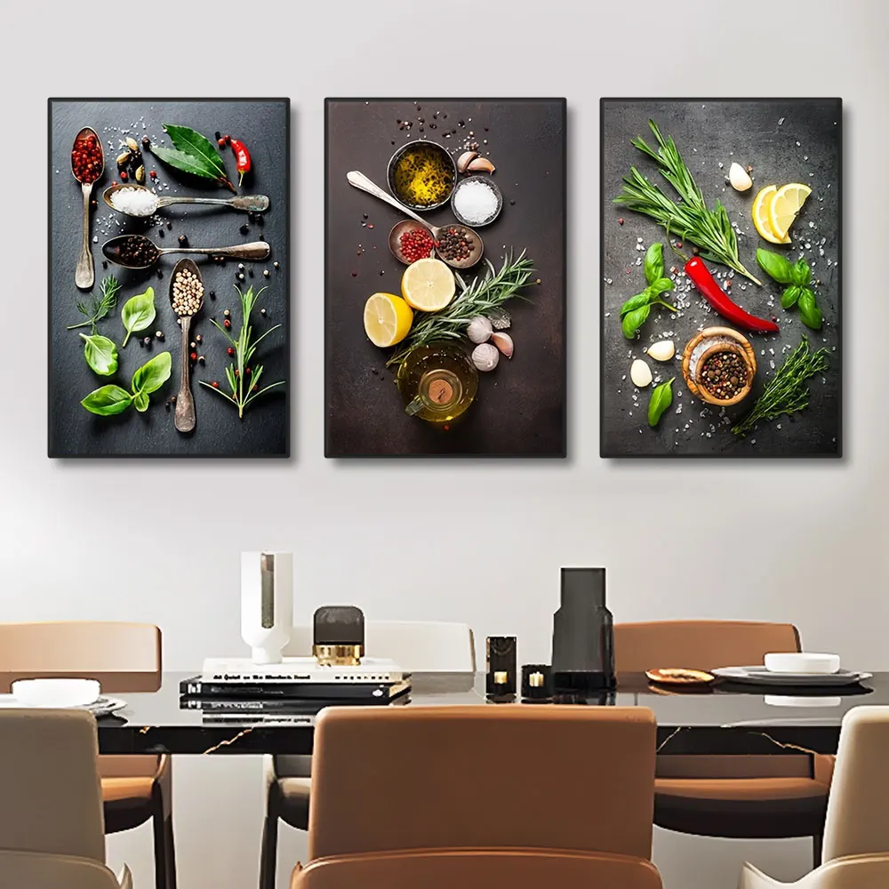 3PCS Kitchen Spice Herb Canvas Wall Art, Lemon Chili Garlic Seasoning Picture Modern Dining Room Wall Decor