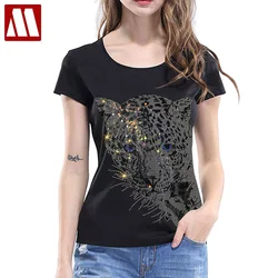 Boho Black Leopard Head Graphic Tees Women Cotton Short Sleeve O Neck Tshirt New Fashion Women Diamond T-shirt Casual T shirts