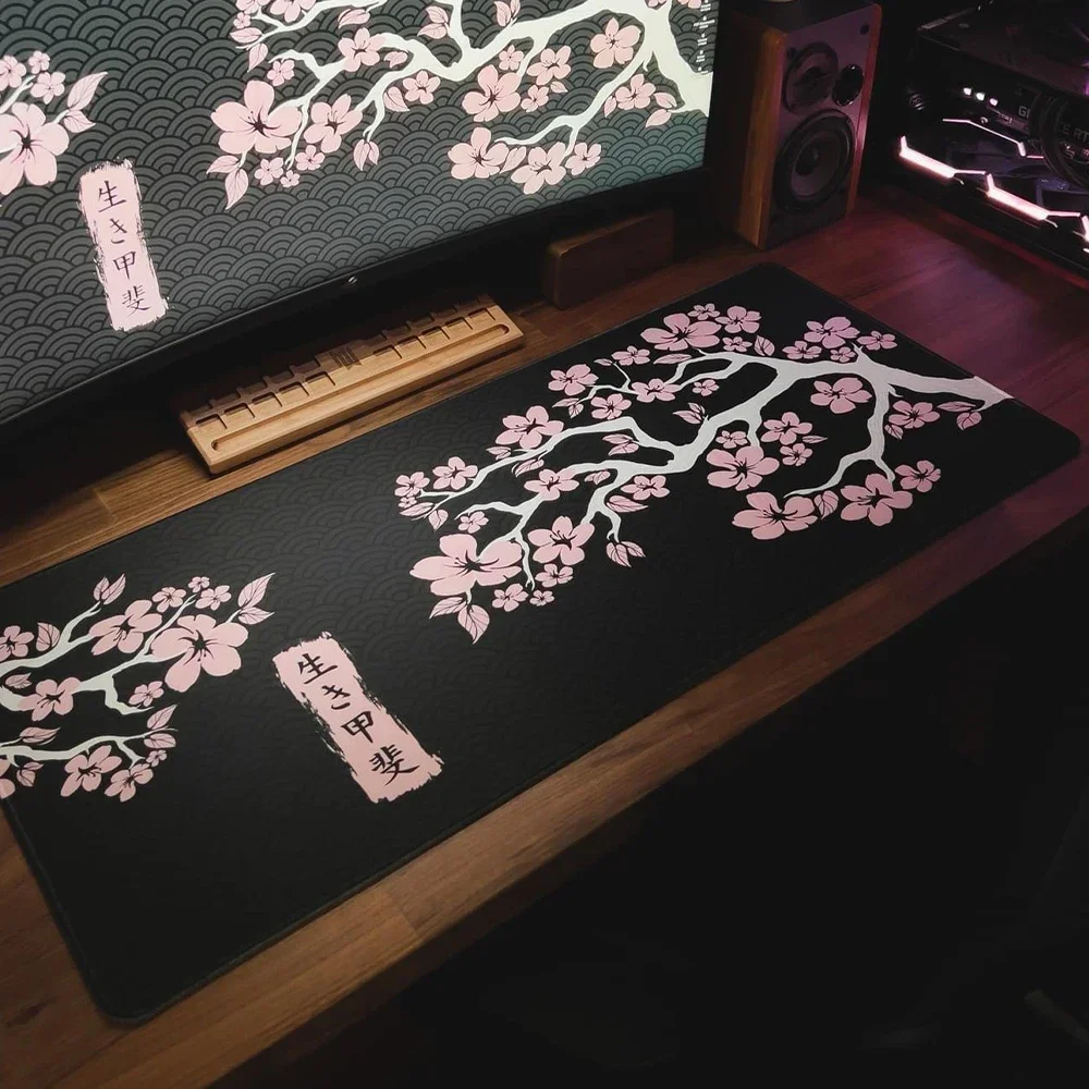 Tapis de souris japonais Sakura, grand tapis de bureau noir et blanc Kawaii, pour Gamer, pour ordinateur portable, accessoires de jeu en caoutchouc
