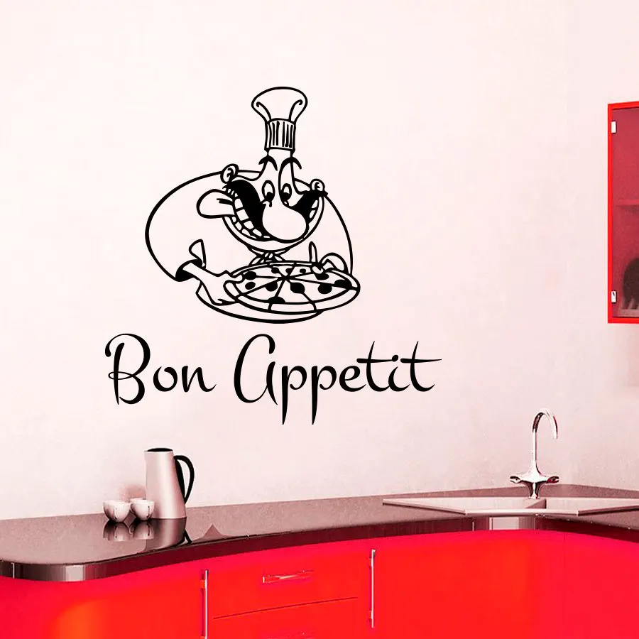 Bon Appetit Chef With Pizza Wall Sticker Creative Kitchen Wall Decal Waterproof Self Adhesive Tile Home Decor