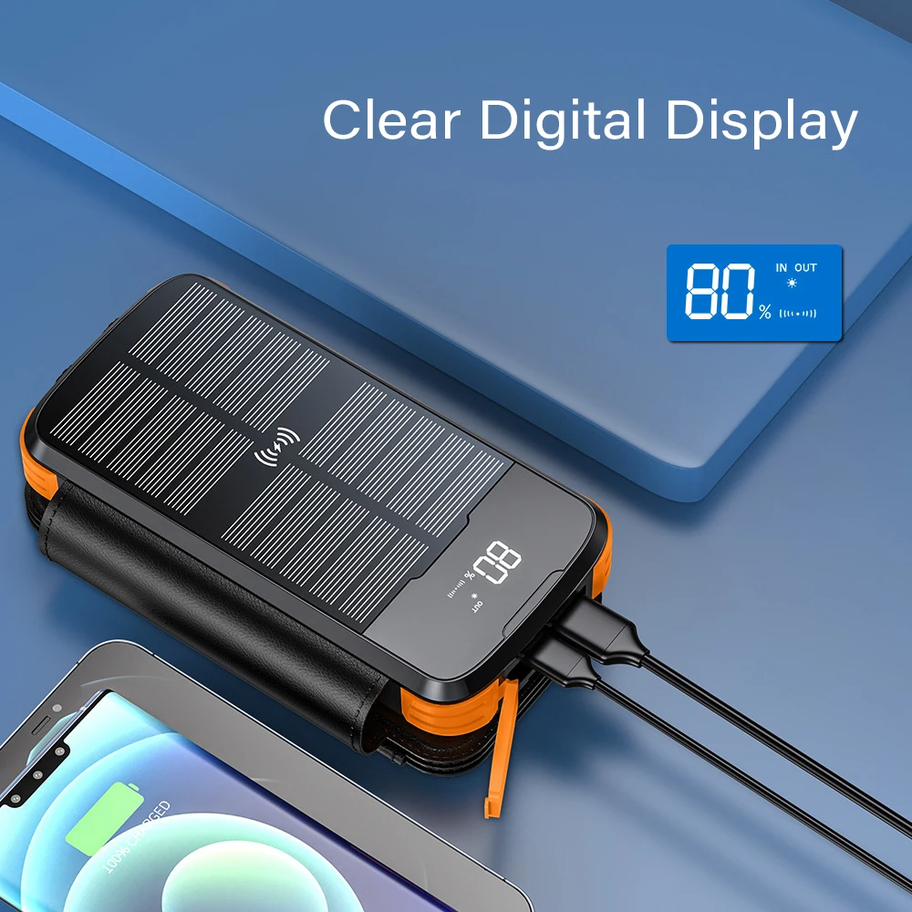 Portable Solar Power Bank 43800mAh Waterproof Wireless Charger External Battery Powerbank for Xiaomi iPhone 15 14 LED SOS Light