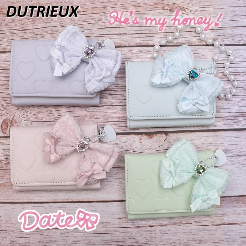 

Lolita Japanese Style Sweet Cute Wallets for Women Lace Bow Love Pendant Girls Pu Purse Love Embossed Short Wallet for Lady