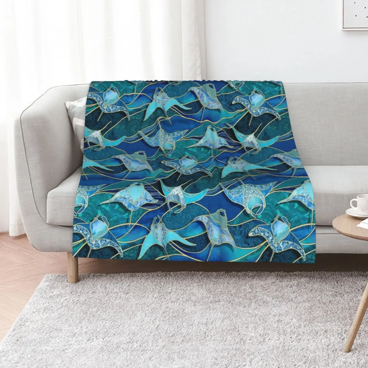 Patchwork Manta Rays in Sapphire and Turquoise Blue Throw Blanket Polar Hair Soft Beds bed plaid Bed Fashionable Blankets