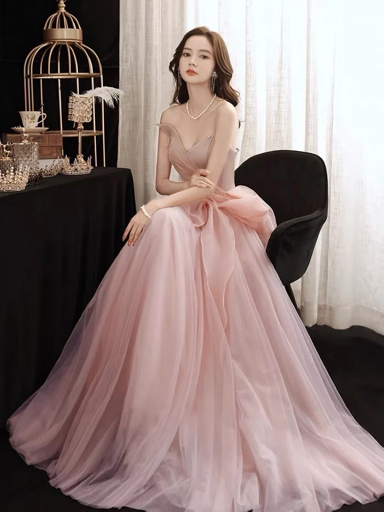 

Sweet Pink Celebrity Dress Strapless Pearls Bow Sweetheart Lace Up Backless Tulle Elegant Party Evening Gowns Vestidos De Noche