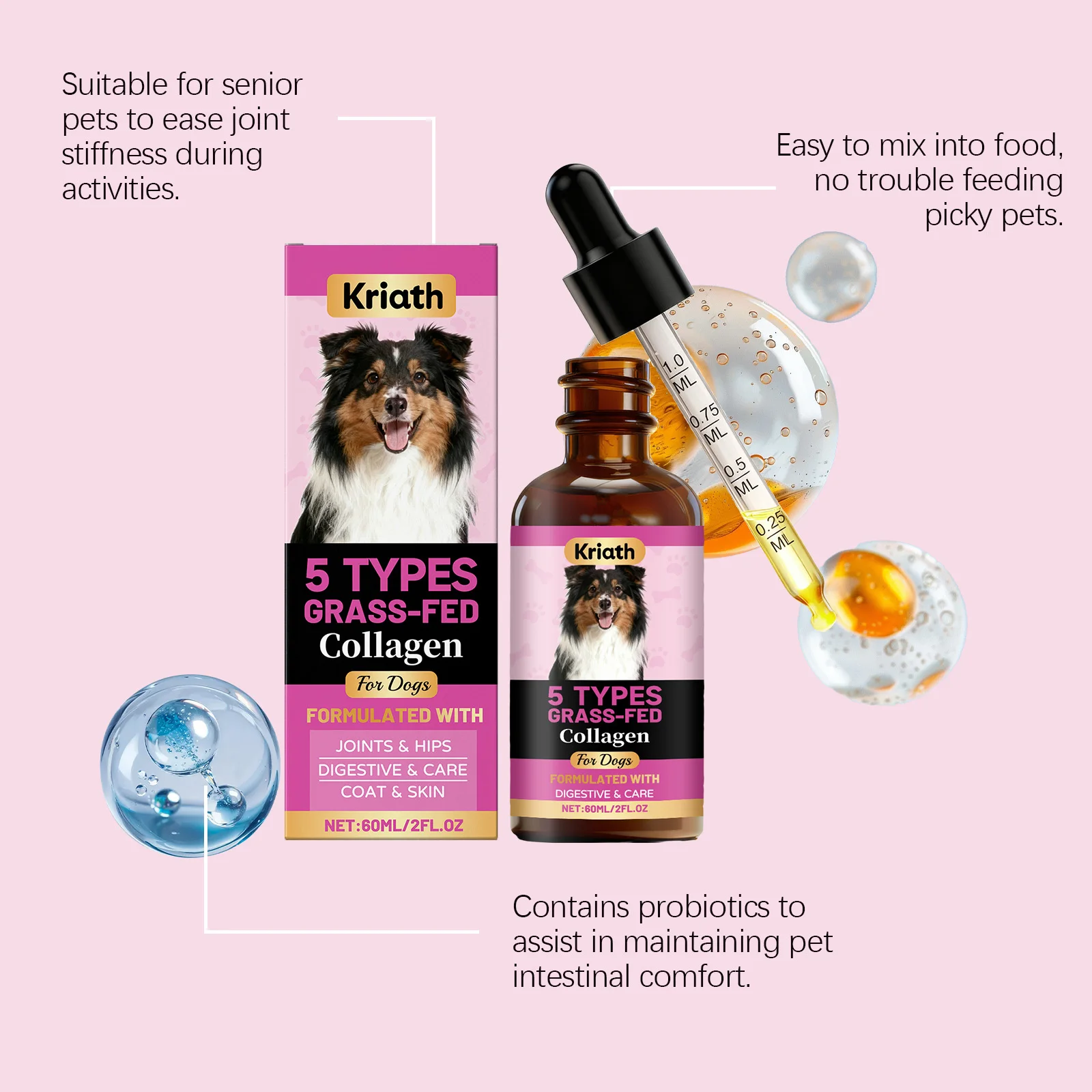 60ML Dog Collagen Drops Rich Nutrients Nourishing Pet Joint Promote Skin & Coat Health Pet Nutrient Drops for Pet of All Ages