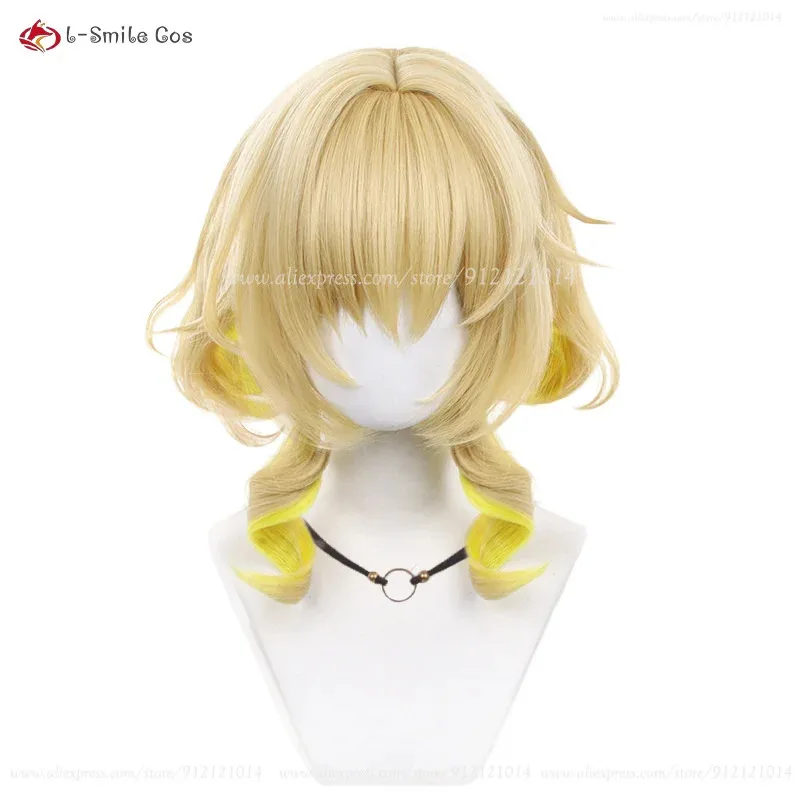 Candy 2025HSR Aglaea Gold Farbverlauf Gelb 35 cm Lockige Perücken Hitzebeständige Synthetische Haar Halloween Anime Cosplay Perücke
