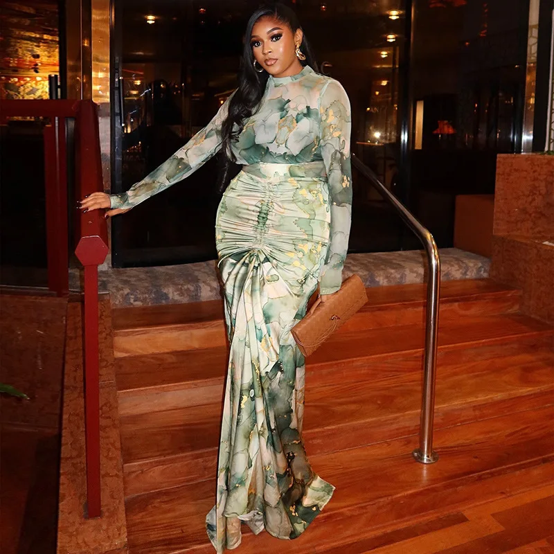 

Wind Print Waist Wrap Slim Skirt Set Ruched Long Skirt High Neck Trendy Two-Piece Set Casual Office Lady Women's Wear